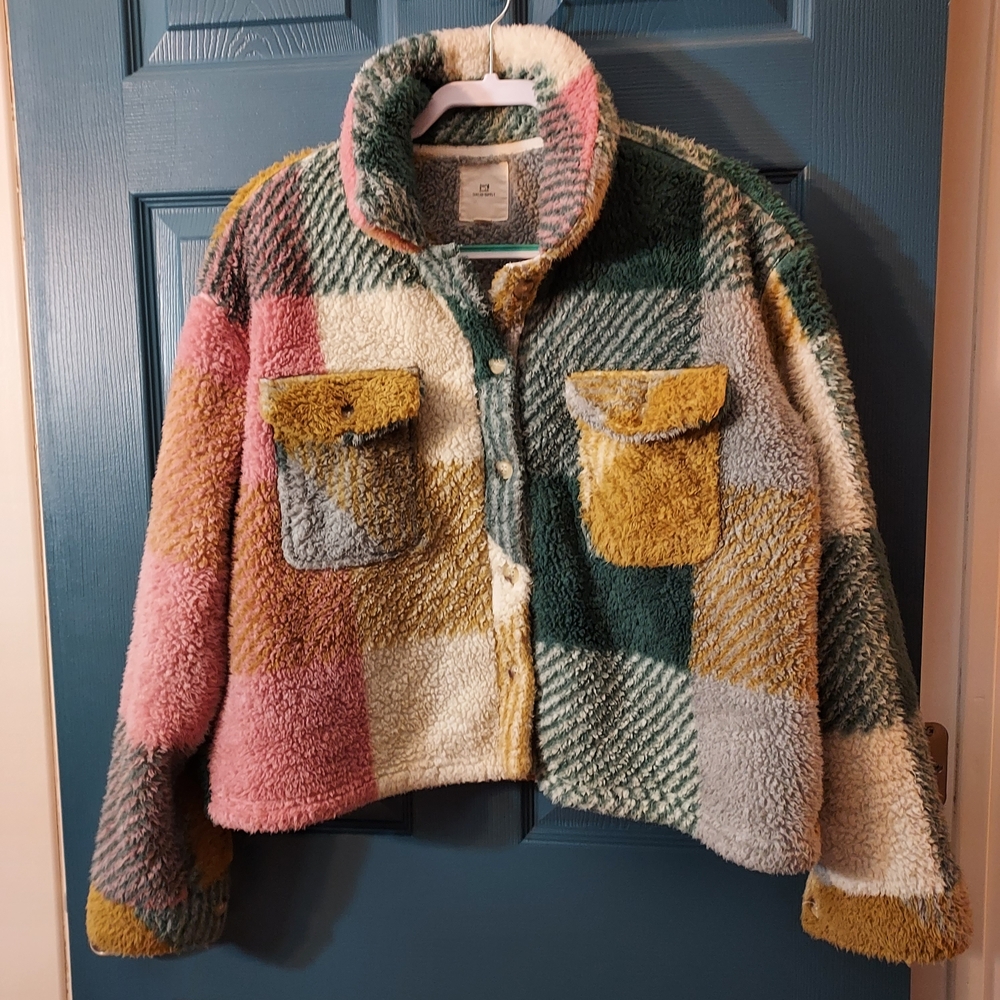 Thread Supply Colorful Button Up Plaid Sherpa Jacket Medium